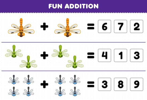 Juego educativo para niños, adición divertida al adivinar el número correcto de hoja de trabajo imprimible de error de libélula de dibujos animados lindo