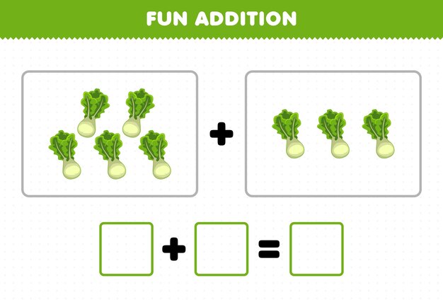 Juego educativo para niños, adición divertida al contar la hoja de trabajo de imágenes de lechuga vegetal de dibujos animados