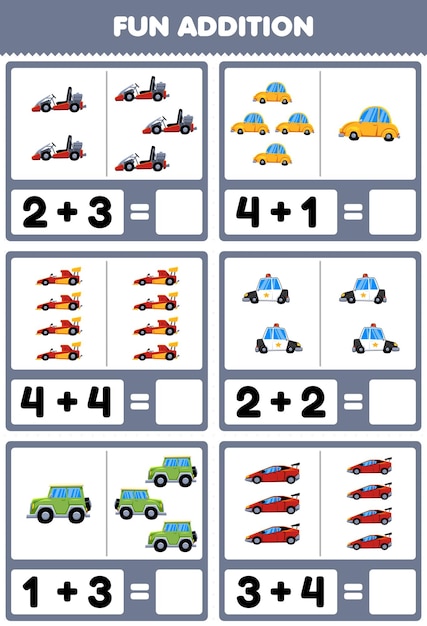 Juego educativo para niños, adición divertida al contar y sumar la hoja de trabajo de imágenes de transporte terrestre de dibujos animados lindos