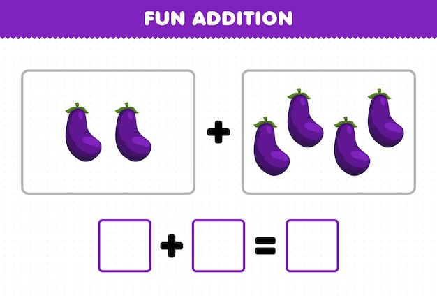 Juego educativo para niños, adición divertida contando la hoja de trabajo de imágenes de berenjena vegetal de dibujos animados