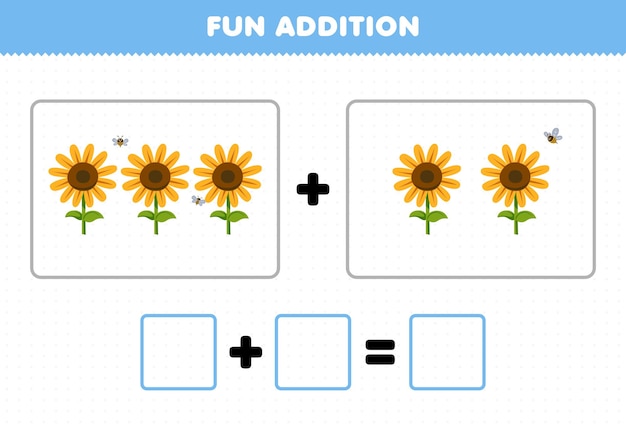 Juego educativo para niños, adición divertida contando imágenes de abejas y girasoles de dibujos animados lindos, hoja de trabajo de granja imprimible