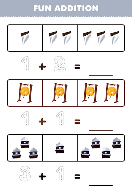 Juego educativo para niños, adición divertida contando y rastreando el número de campanas de dibujos animados, hoja de trabajo imprimible de instrumentos musicales de órgano gong