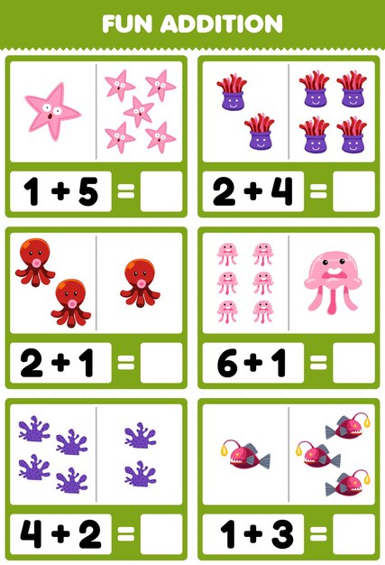 Juego educativo para niños, adición divertida contando y sumando dibujos animados lindos, estrellas de mar, anémonas, pulpos, medusas, peces de coral, hoja de trabajo subacuática imprimible