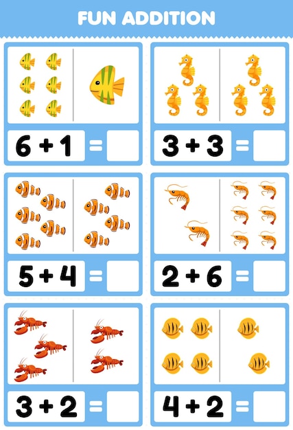 Juego educativo para niños, adición divertida contando y sumando dibujos animados lindos, peces, caballitos de mar, camarones, langostas, hoja de trabajo subacuática imprimible.