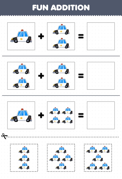 Juego educativo para niños, adición divertida cortando y combinando dibujos animados lindos, transporte, policía, imágenes de automóviles, hoja de trabajo.