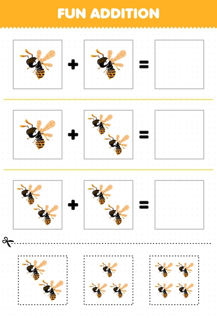 Juego educativo para niños, adición divertida cortando y combinando lindas imágenes de abejas de dibujos animados para la hoja de trabajo de errores imprimible