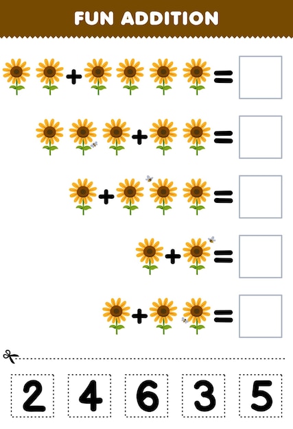 Juego educativo para niños, adición divertida cortando y combinando el número correcto para la hoja de trabajo imprimible de la granja de girasol de dibujos animados