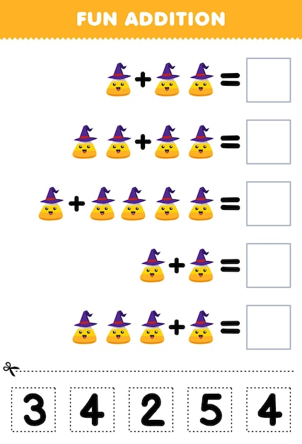 Juego educativo para niños, adición divertida cortando y combinando el número correcto para la hoja de trabajo imprimible de halloween de dulces de maíz de dibujos animados lindo