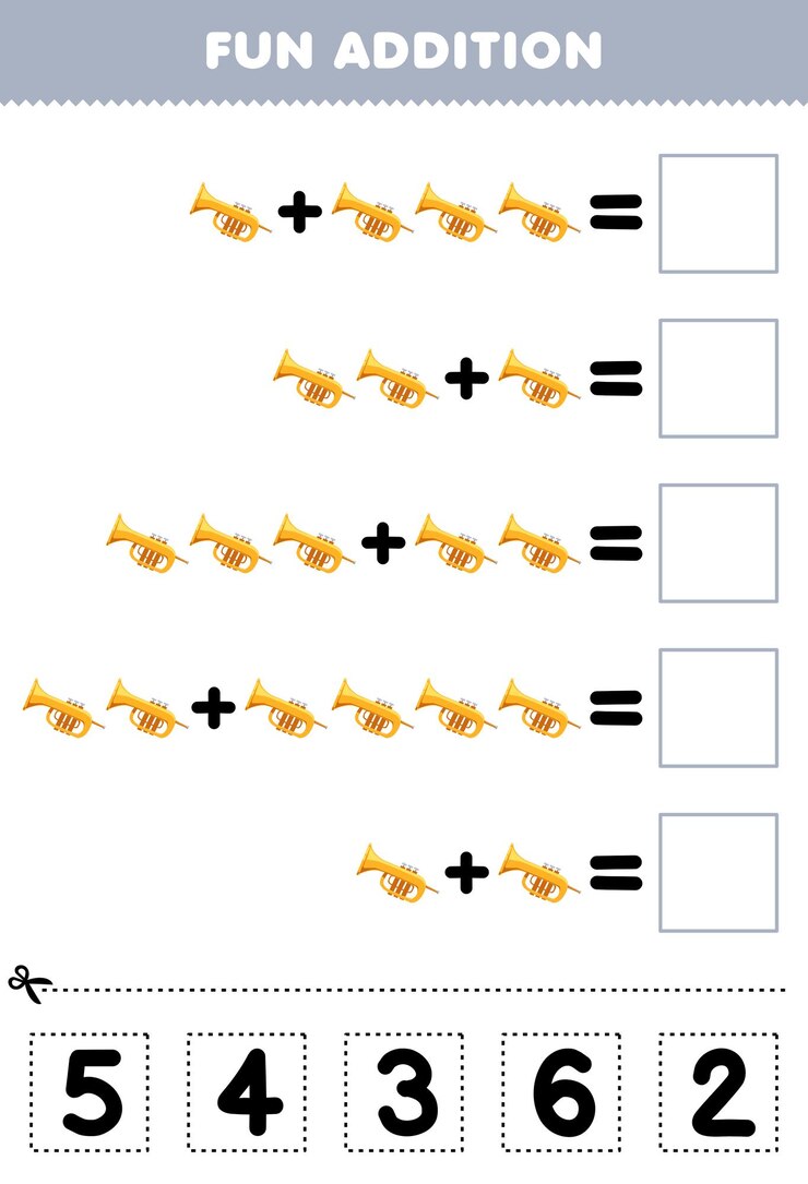 Vector juego educativo para niños, adición divertida cortando y combinando el número correcto para la hoja de trabajo imprimible de trompeta de instrumento musical de dibujos animados