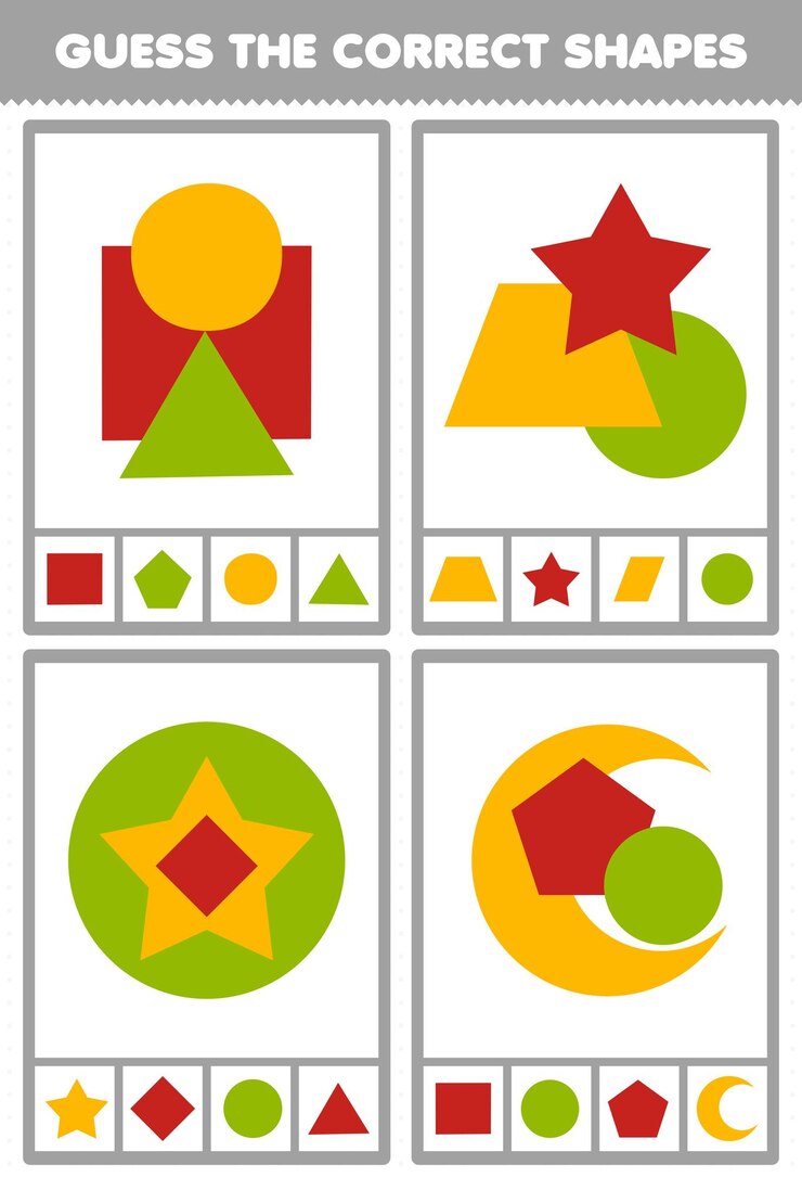 Vector juego educativo para niños adivinar las formas correctas hoja de trabajo imprimible del cuestionario geométrico