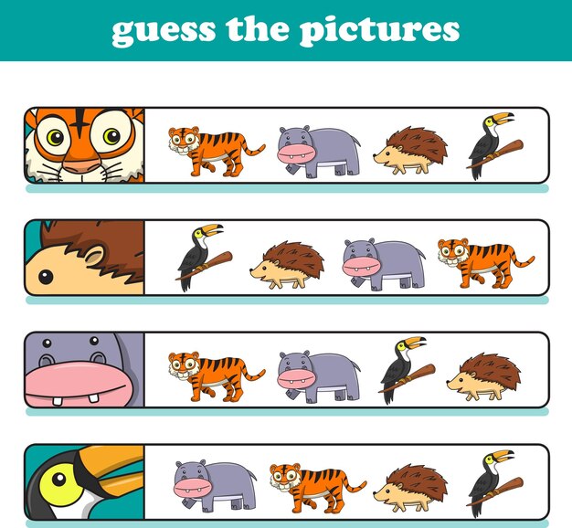 Juego educativo para niños adivinar las imágenes correctas de dibujos animados de animales salvajes lindo Vector