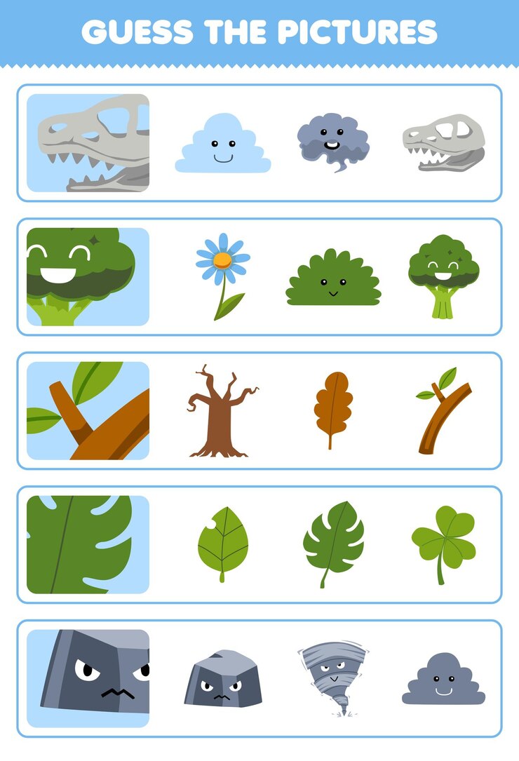 Vector juego educativo para niños adivinar las imágenes correctas de dibujos animados lindo fósil brócoli rama hoja piedra hoja de trabajo de naturaleza imprimible