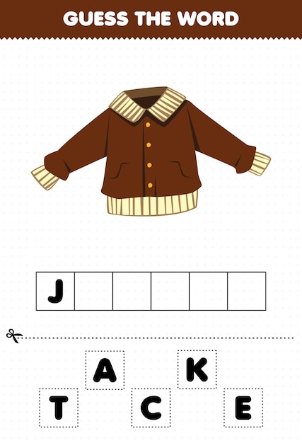 Juego educativo para niños adivinar las letras de la palabra practicando la chaqueta de ropa de dibujos animados