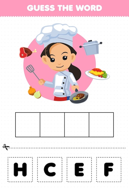 Juego educativo para niños adivinar las letras de la palabra practicando la hoja de trabajo imprimible de la profesión de chef de dibujos animados lindo