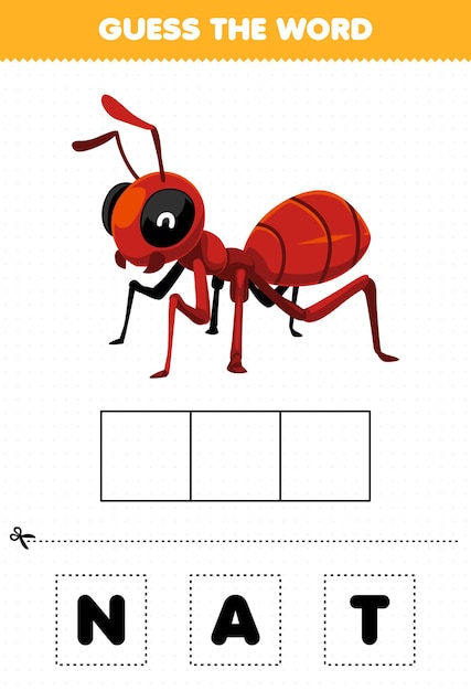Juego educativo para niños adivinar las letras de las palabras practicando la hoja de trabajo imprimible de errores de la hormiga de dibujos animados lindo