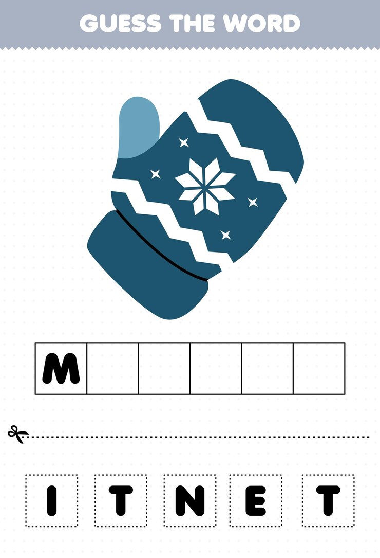 Vector juego educativo para niños adivinar las letras de las palabras practicando la hoja de trabajo de invierno imprimible de manopla de dibujos animados lindo