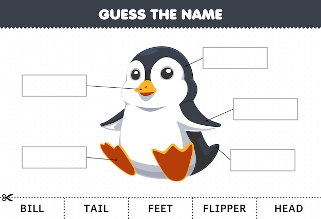 Juego educativo para niños adivinar el nombre de la hoja de trabajo de la parte del cuerpo del pingüino de dibujos animados lindo