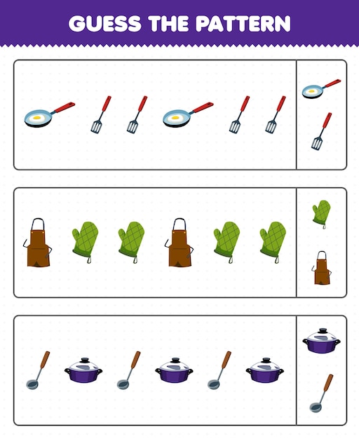 Juego educativo para niños adivinar el patrón de cada fila de dibujos animados lindo sartén espátula delantal horno guante olla cucharón herramienta imprimible hoja de trabajo