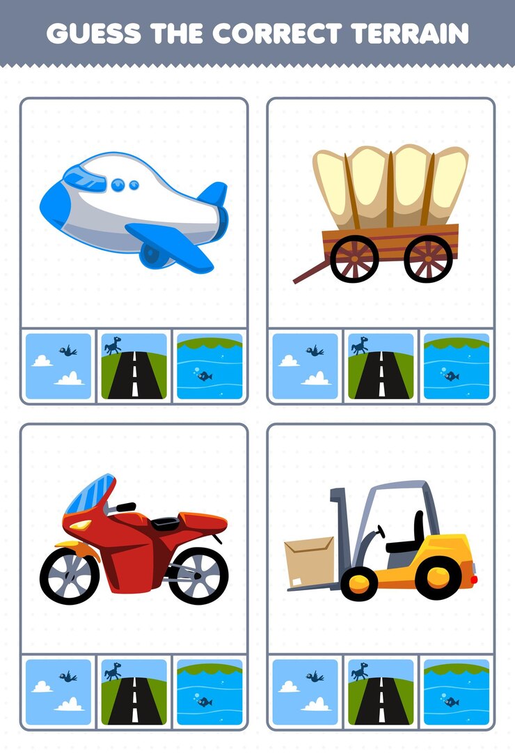 Vector juego educativo para niños adivinar el terreno correcto aire tierra o agua de dibujos animados transporte avión vagón moto carretilla elevadora hoja de trabajo imprimible