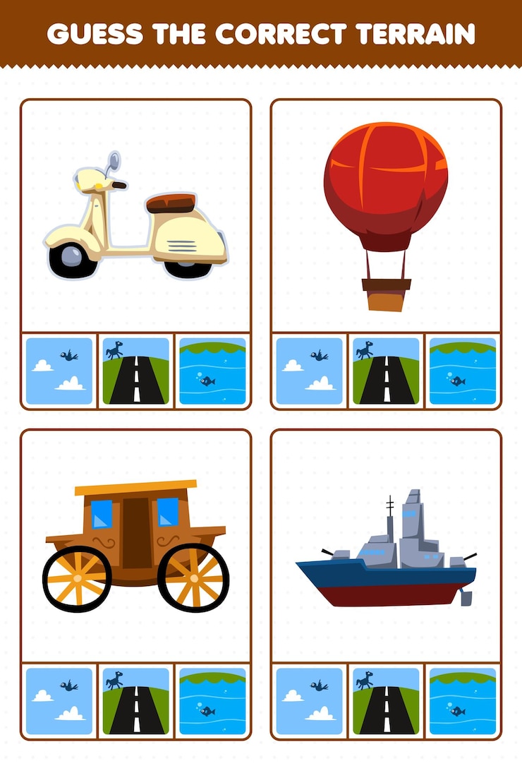 Vector juego educativo para niños adivinar el terreno correcto aire tierra o agua de dibujos animados transporte scooter globo carro acorazado hoja de trabajo imprimible