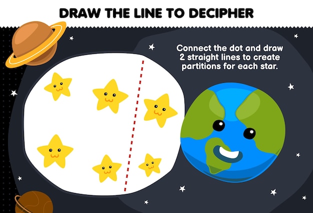 El juego educativo para niños ayuda al lindo planeta a dibujar las líneas para separar la hoja de trabajo de la naturaleza imprimible de la estrella