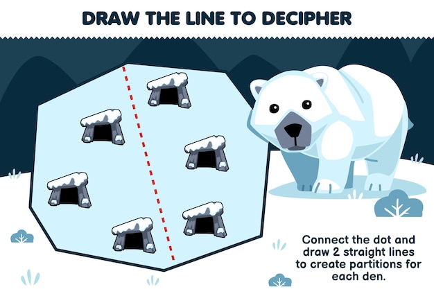 El juego educativo para niños ayuda al oso polar a dibujar las líneas para separar la hoja de trabajo de invierno imprimible de las guaridas