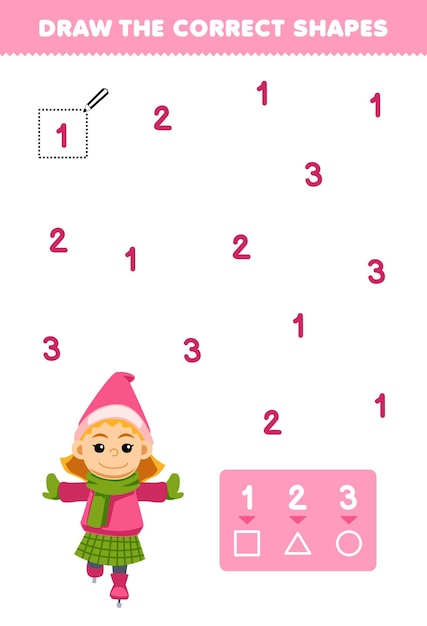 El juego educativo para niños ayuda a una linda chica de dibujos animados jugando a patinar sobre hielo a dibujar las formas correctas de acuerdo con el número de la hoja de trabajo de invierno imprimible