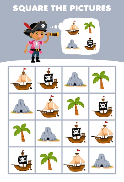 El juego educativo para niños ayuda a un lindo niño de dibujos animados a cuadrar la cueva correcta del árbol del barco con una hoja de trabajo pirata imprimible