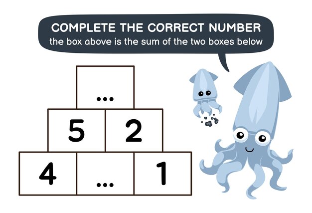 Juego educativo para niños ayudar a calamar lindo completar el número correcto bajo el agua hoja de trabajo