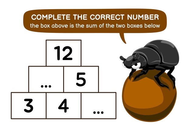 Juego educativo para niños ayudar a escarabajo estiércol completar el número correcto impreso hoja de trabajo de insectos