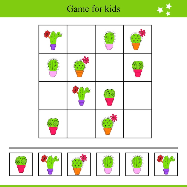 Juego educativo para niños con cactus en macetas