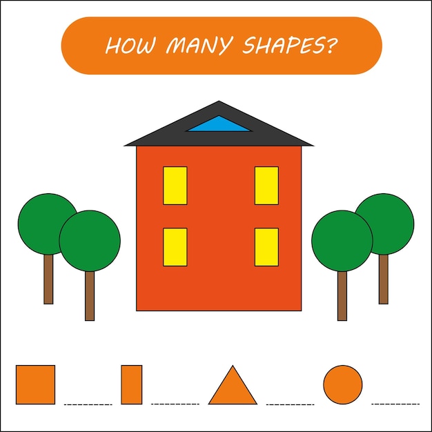 Juego educativo para niños. Casa de formas geométricas. Cuente triángulo, cuadrado, rectángulo, círculo.
