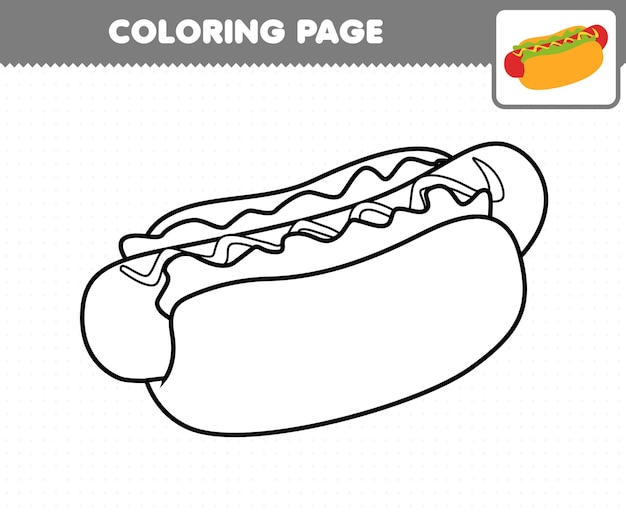 Juego educativo para niños para colorear página dibujos animados comida hotdog