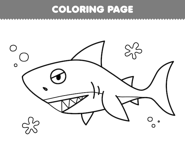 Juego educativo para niños para colorear página de dibujos animados lindo tiburón línea arte imprimible hoja de trabajo bajo el agua