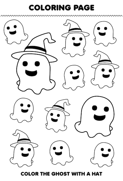 Juego educativo para niños para colorear página de fantasma de dibujos animados lindo con una hoja de trabajo imprimible de arte de línea de sombrero halloween