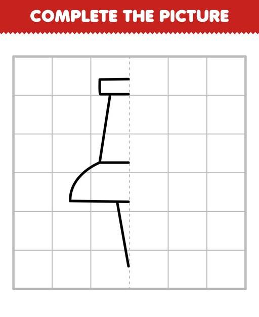 El juego educativo para niños completa la imagen de la mitad del contorno del alfiler de dibujos animados lindo para dibujar la hoja de trabajo de la herramienta imprimible