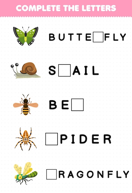 El juego educativo para niños completa las letras de la hoja de trabajo de error imprimible de la mariposa, el caracol, la abeja, la araña, la libélula.