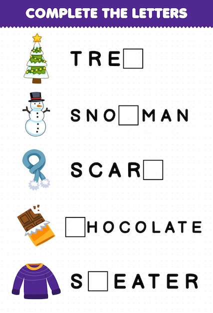 El juego educativo para niños completa las letras de un lindo árbol de dibujos animados, un muñeco de nieve, una bufanda, un suéter de chocolate, una hoja de trabajo de invierno imprimible.