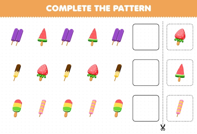 El juego educativo para niños completa el patrón de pensamiento lógico, encuentra la regularidad y continúa la tarea de la fila con comida y bocadillos de hielo.