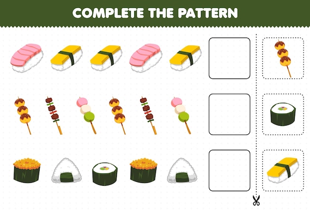 El juego educativo para niños completa el patrón de pensamiento lógico, encuentra la regularidad y continúa la tarea de fila con comida japonesa sushi takoyaki yakitori dango onigiri