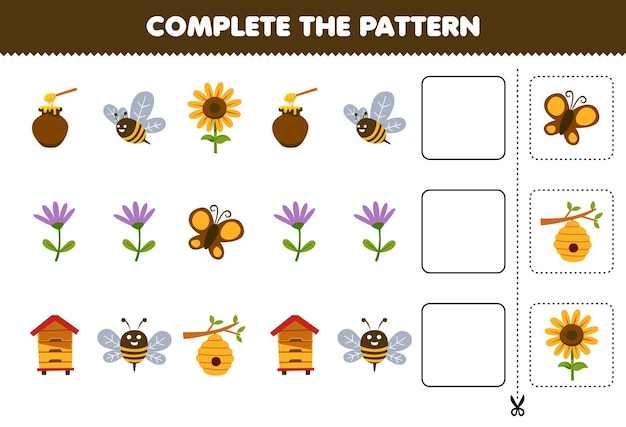El juego educativo para niños completa el patrón de pensamiento lógico, encuentra la regularidad y continúa la tarea de la fila con dibujos animados colmena abeja girasol mariposa miel
