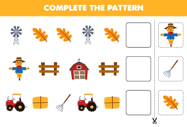 El juego educativo para niños completa el patrón de pensamiento lógico, encuentra la regularidad y continúa la tarea de la fila con dibujos animados, molino de viento, hoja, espantapájaros, valla, granero, tractor, rastrillo de heno.