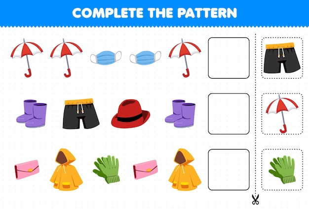 El juego educativo para niños completa el patrón de pensamiento lógico, encuentra la regularidad y continúa la tarea de la fila con dibujos animados, ropa portátil, impermeable, paraguas, enmascarador, botas, pantalones, fedora, billetera, guantes.