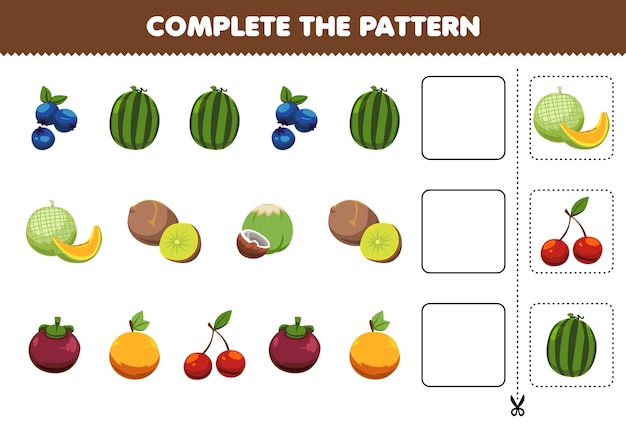 El juego educativo para niños completa el patrón de pensamiento lógico, encuentra la regularidad y continúa la tarea de la fila con frutas redondas de dibujos animados.