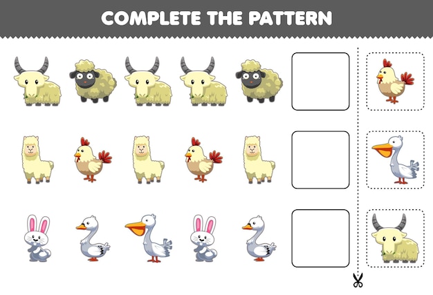 El juego educativo para niños completa el patrón de pensamiento lógico, encuentra la regularidad y continúa la tarea de la fila con un lindo personaje de animal blanco.