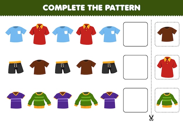 El juego educativo para niños completa el patrón de pensamiento lógico, encuentra la regularidad y continúa la tarea de la fila con ropa de dibujos animados, camiseta, pantalón, jersey, polo, suéter.