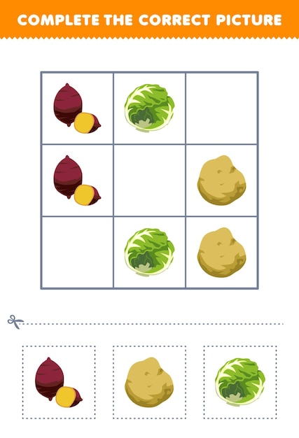 Juego educativo para niños completar la imagen correcta de un bonito dibujos animados de patatas y repollo hoja de trabajo de verduras imprimibles