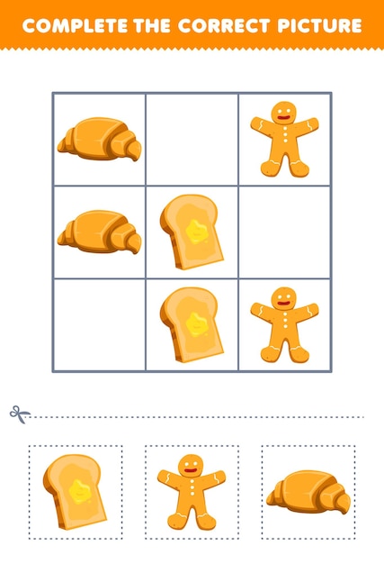 Juego educativo para niños completar la imagen correcta de una caricatura linda tostada pan de jengibre y croissant hoja de trabajo de comida imprimible