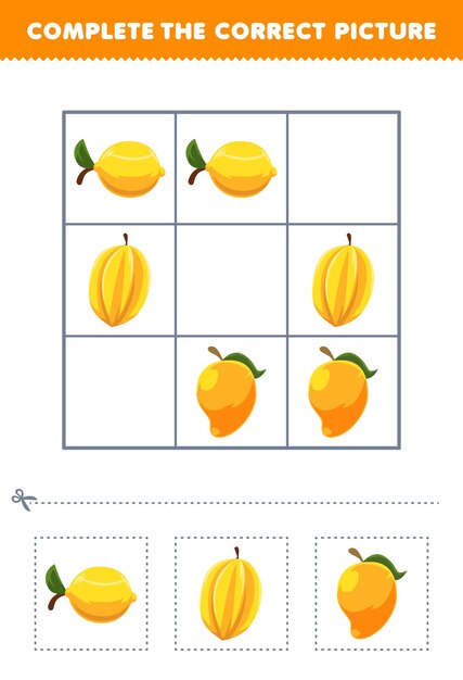 Juego educativo para niños completar la imagen correcta de un dibujo animado lindo de frutas de estrella de limón y mango hoja de trabajo de frutas imprimibles