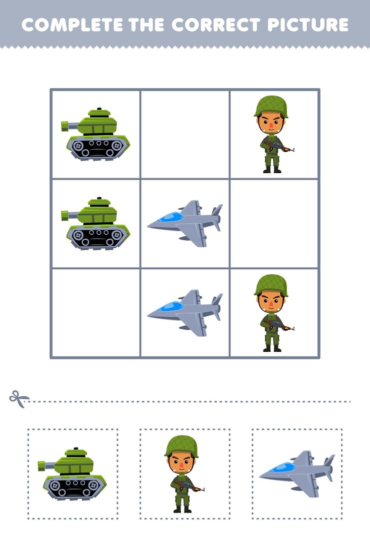 Vector juego educativo para niños para completar la imagen correcta de una hoja de trabajo de profesión imprimible de un lindo soldado de tanque de dibujos animados y un caza a reacción